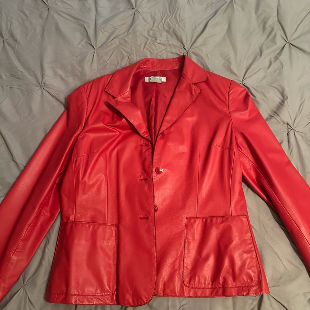 Red leather blazer- casual coat long sleeves.